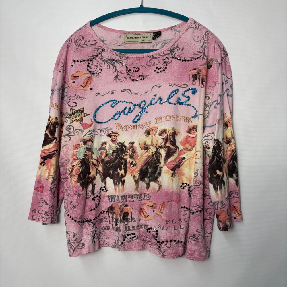 Bit & Bridle Pink Cowgirl Rough Riders Sequin Graphic Top Womens 1X Equestrian